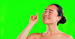 Beauty, hand and interface with asian woman on green screen for skincare, cosmetics or dermatology. Face of female model hands for choice on skin for self care, facial glow and natural shine mockup