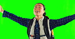 Green screen, backpack and happy woman isolated on studio background for travel adventure or eco friendly journey. Excited, freedom of Asian person with safari backpack or gear, trekking and camping