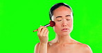 Makeup, beauty and face of Asian woman with brush on green screen in studio isolated on a background. Cosmetics, portrait and female model with product or tool to apply foundation or powder for skin.