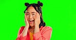 Wow, green screen and hands on face of asian woman in studio, shocked and happy on mockup background. Good news, portrait and gen z girl smile for sale, discount or fashion promotion while isolated