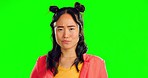 Confused, question and face of Asian woman on green screen with puzzled, unsure and doubtful facial expression. Why, thinking and portrait of girl in studio with confusion, uncertainty and reaction