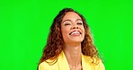 Happy, face and wink by woman in studio, smile and confident while flirting on green screen background. Portrait, emoji and young female express confidence, personality and winking gesture isolated
