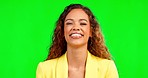 Laughing, green screen and face of a woman with a smile isolated on a studio background. Cheerful, laugh and portrait of a girl with confidence, pride and happiness with mockup space on a backdrop