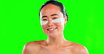 Face, skincare and Asian woman with eye patches on green screen in studio isolated on a background. Dermatology portrait, beauty cosmetics and happy female model with facial mask for healthy skin.