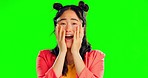 Face, surprise and Asian woman with wow, green screen and mind blown against a studio background. Portrait, Japanese female and happy lady with gesture for shock, motivation and facial expression