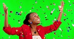 Black woman, celebration and dancing in confetti on green screen for winning, sale or discount against studio background. Happy African American female excited for win, victory or bonus on mockup