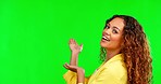 Showing, product placement and face of a woman on a green screen isolated on a studio background. Happy, mockup and portrait of a girl gesturing to branding space, a logo or promotion on a backdrop