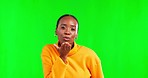 Face, blow kiss and black woman with happiness, care and girl against a studio background. Portrait, African American female and lady with smile, green screen and flirting with self love and positive
