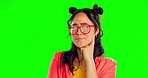 Green screen, confused and thinking by asian woman in studio, wondering and pensive on mockup background. Unsure, doubt and girl contemplating, decision or choice, emoji or mockup, isolated and space
