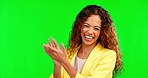 Clapping, woman and laughing face in studio for success, smile and winner on green screen background. Portrait, happy female model and applause hands to celebrate praise, congratulations and support