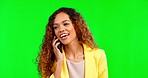 Phone call, laugh and woman with green screen or isolated on studio background for online communication or happy news. Excited biracial person talking or listening on cellphone conversation and chat