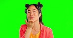 Face, woman and blowing kiss in studio, background and green screen for love, care and flirting. Portrait of happy asian model, air kissing and smile of romance, happiness and emoji on valentines day