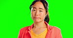 Confused, green screen and face of asian woman in studio bored, annoyed and dont care gesture on mockup background. Doubt, portrait and unsure girl with disappointed expression while posing isolated