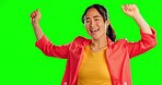 Face, woman and happy dance in studio, background and green screen for fun party celebration. Portrait, dancing and smile of asian model with excited energy to celebrate happiness, music and winning 