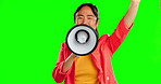 Face, green screen and Asian woman with megaphone, protest and announcement for human rights. Portrait, Chinese female protester and activist with microphone, speech on racism and equality for people