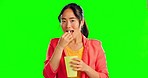 Popcorn, movie and eating with woman in green screen studio for film, cinema and streaming. Watching tv, theater and food with female on background for television, entertainment and subscription