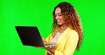 Employee, typing and woman with laptop, connection and green screen with success, joyful or happiness. Female entrepreneur, consultant or ceo with device, smile or online reading on studio background