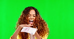 Woman throw cash from hands isolated on studio background green screen for winning, wealth or financial freedom. Face of biracial person or winner with money rain bonus, cashback or lottery mockup