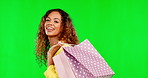 Shopping bag, face and happy woman isolated on studio background or green screen fashion and beauty sale. Portrait of biracial model, customer or person with retail product promotion or deal mockup