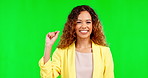 Portrait, sign language and a woman on a green screen background in studio for deaf communication. Hand gesture, disability and hearing with an attractive young female talking on chromakey mockup