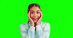 Woman, laughing and shock in studio by green screen background with funny moment, wow and open mouth. Happy gen z girl, young model and hands on face in comic portrait for mock up with crazy comedy