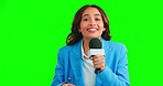Green screen, microphone and face of woman in studio with broadcast, message or news on mockup background. speaker, mic and portrait of female presenter reporting to audience on show or channel 