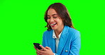 Green screen, phone and woman laugh isolated on studio background for funny meme, internet post or chat. Happy biracial person typing on her cellphone, smartphone or mobile app with chromakey mockup