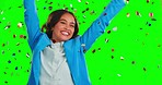 Face, celebration and woman with confetti, green screen and success with joy, cheerful and excited. Portrait, female winner and lady with happiness, win and victory with opportunity and promotion 