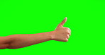 Person hand with thumbs up isolated on studio background or green screen for winning, success and thank you mockup. Winner sign or emoji show yes, like and subscribe for promotion deal or thank you