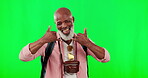 Black man, smile and portrait on green screen with Shaka hand sign for happiness and travel. Face of senior male model with emoji, backpack and camera on studio background with mockup space 