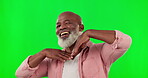 Black man, portrait and smile on green screen with hands on face. African senior male model on a studio background with mockup space for happiness, positive mindset and cool or carefree attitude