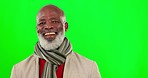 Stylish, laughing and face of a black man on a green screen isolated on a studio background. Mockup, smile and portrait of an elderly african person in winter clothing on a backdrop with space