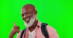 Black man, portrait and shaka hand with sunglasses on green screen with smile and backpack. African senior male model on a studio background with mockup space for fashion, travel and cool attitude