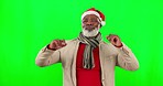 Christmas dance, senior and black man with green screen and hat feeling happy. Isolated, studio background and elderly person dancing with happiness from winter holiday and festive xmas celebration