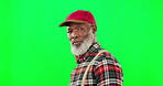 Cool, senior and black man remove sunglasses being funny or goofy isolated in a studio green screen background. Confidence. fashion and portrait of a confident old or elderly male person