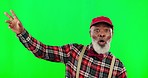 Cellphone, shock and male in a studio with green screen with a mind blowing face expression. Surprise, mockup and African man with wtf, omg or wow gesture with phone isolated by chroma key background