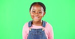 Child face, smile and studio with green screen and a happy girl feeling cute and sweet. Isolated, youth and background with a portrait of a little kid model with casual fashion and children clothes