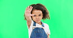 Angry child, stop and hand on green screen background  with emoji and attitude. Black kid portrait in studio with space, mockup and sign for warning, power and protest to reject, defence or decline