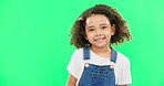 Happy, little girl and green screen with smile of cute innocent child isolated against a studio background. Portrait of adorable female kid smiling with teeth for childhood youth on chromakey mockup