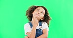 Thinking, green screen and a child with a decision isolated on a studio background. Doubt, think and a confused girl kid  looking thoughtful, contemplating and planning an idea with mockup space