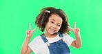 Face, smile and child with peace sign on green screen in studio isolated on a background. Portrait, emoji and wink of happy mixed race kid or girl with v hand gesture or symbol for happiness or joy.