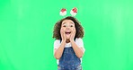 Excited, happy face and child with green screen and smile and Christmas headband ready for celebration. Comic, surprised and shocked portrait of a young girl with happiness about holiday event