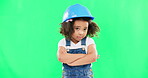No, green screen and portrait of child shaking head arms crossed feeling sad isolated in studio background. Helmet, safety and annoyed young kid is frustrated, upset and refuse  gesture 