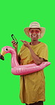 Confused black woman, phone and mockup green screen in disappointment for service against studio background. Portrait of upset African female with smartphone showing thumbs down on chromakey display