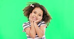 Happy, little girl and green screen with smile of cute innocent child isolated against a studio background. Portrait of adorable female kid smiling with teeth for childhood youth on chromakey mockup