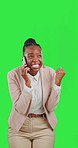 Black woman with phone call, winner and celebration with fist pump on green screen, job promotion and excited. Cheers, achievement and yes for win, happy business female on studio background