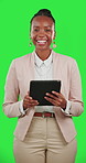 Happy woman face on tablet isolated on studio background or green screen for business or job software app. Laughing professional black person, online app worker or entrepreneur on digital technology