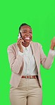 Black woman with phone call, winner and yes with fist pump on green screen, celebration and communication with job promotion. Cheers, achievement and win, happy business female on studio background