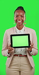 Tablet, green screen and woman face isolated on studio background with tracking marker for business website. Professional african person show digital technology app chromakey, mockup or design space