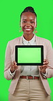Tablet, green screen and happy woman with tracking markers isolated on studio background for business website. Professional african person show digital technology in chromakey, mockup or design space
